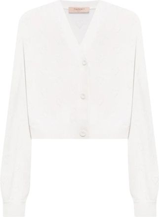 Twinset Gebreide Cardigan met Hartjespatroon - Dames - Vesten - Wit - M - Katoen - Truien & Vesten