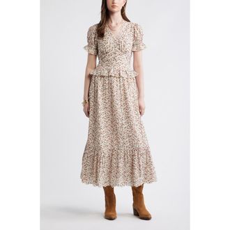 Treasure & Bond Cutwork Peplum Maxi Dress in Ivory Pink Geo Ditsy at Nordstrom, Size Xx-Small