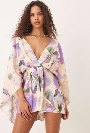 Asos Tuta corta con stampa astratta a fiori, scollo profondo e maniche super oversize-Multicolore