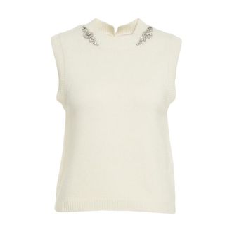 Semicouture Round-neck Knitwear, female, White, Size: M Elegant Knitted Top with Rhinestones