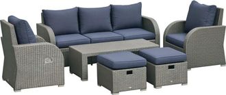 OUTSUNNY 6pc Padded Outdoor Rattan Wicker 3-Seat Sofa Recliner Footstool Table Blue