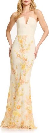 Dress The Population Fernanda Bead Embellished Floral Strapless Gown in Ivory Multi at Nordstrom, Size Large