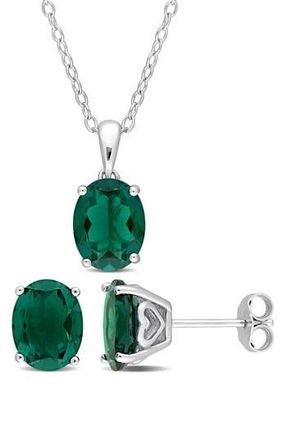 Delmar Oval Lab Grown Emerald Stud Earrings & Pendant Necklace Set in Green at Nordstrom Rack