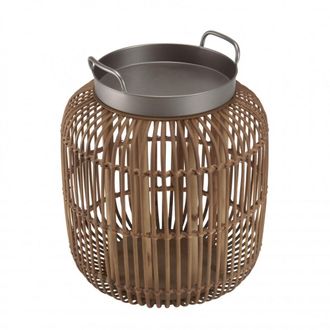 Macabane Mesa auxiliar cil&iacute;ndrica con asas de metal negro y rat&aacute;n marr&oacute;n D51