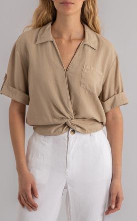 Kut from the Kloth Rebel Knot Front Linen Blend Top in Stone at Nordstrom, Size X-Large