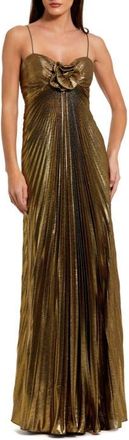 Mac Duggal Petite Pleated Metallic Gown with Thin Straps and 3D Floral Detail in Antique Gold at Nordstrom, Size 12