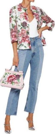 Dolce & Gabbana White Frayed Sliced Floral-print Gauze Jacket Size S