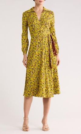 Diane Von F&uuml;rstenberg Phoenix Floral Reversible Long Sleeve Wrap Dress in Olive Yellow/Brown Sm at Nordstrom Rack, Size Xx-Small
