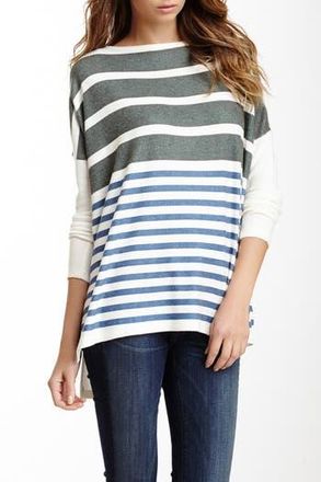 Go Couture Dolman Elbow Patch High/Low Sweater in Ivory Black Navy Sized Stripes at Nordstrom Rack, Size X-Large