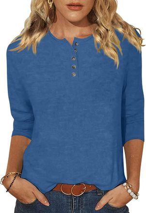 Generic Jumpers for Women UK 3/4 Sleeve Plain Tops Button Henley Shirts Loose Crewneck Pullover Womens Sweatshirts Fall Winter Basic Undershirt Plus Size Spor