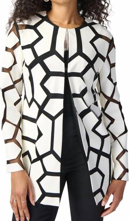 Joseph Ribkoff Faux Leather Geometric Laser Cutout Long Sleeve Jacket In Vanilla/black