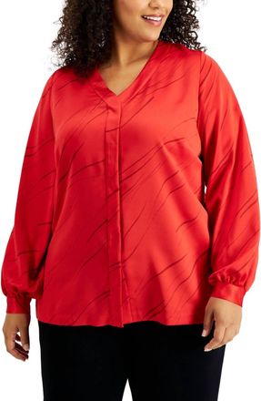 Alfani Printed Button-Front Blouse - Plus In Red Lin Breeze