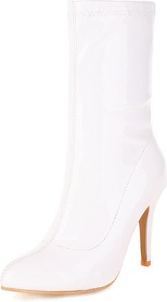 Generic Womens Elegant Patent Leather Stiletto Heel Mid-calf Boots with Pointed Toe,Slip-On Style,White,6.5 UK