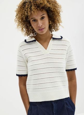 Contemporaine Womens Scalloped Johnny collar openwork sweater