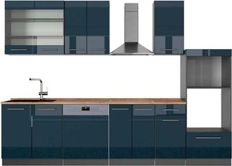 Vicco Cucina componibile Fame-Line, Blu scuro lucido/antracite, 300 cm con armadio alto, pl Rovere