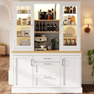 Merax White Kitchen Pantry Cabinet with LED, Worktop & Side Door Storage