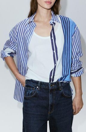 Mango Stripe Cotton Button-Up Shirt in Blue at Nordstrom, Size 2