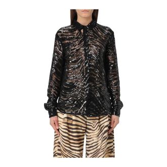 Just Cavalli Shirts, female, Black, Size: XS Zebra Print Lace Blouse