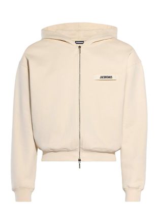 Jacquemus Mens Grosgrain Logo Zip-Up Hoodie - Beige Cotton - Size X-Large