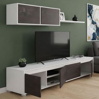 Dmora Dmora - Pared Equipada Dmatej, Mueble De Tv Para Sal&oacute;n, Composici&oacute;n Del Juego De Sala, Juego De Sal&oacute;n Con Mueble Alto, 200x41h43 Cm, Blanco Y Oxido