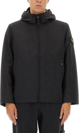 Stone Island Black Hooded Jacket With Zipper Closure