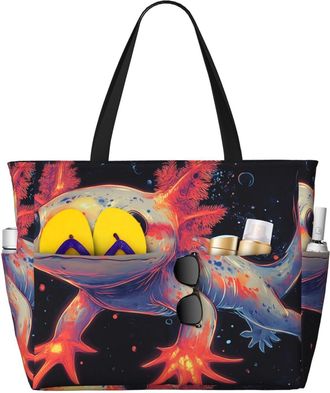 Generic Colorful Axolotl Print Large Beach Bag Foldable Travel Shoulder Tote Bag With Pocket For Weekender Pool Vacation