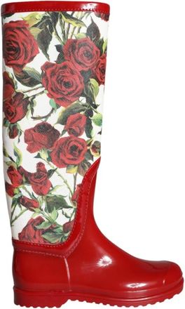Dolce & Gabbana Rode Bloemen Rubber Kniehoge Laarzen - Dames - Regenlaarzen - Veelkleurig - 36 EU - Schoenen