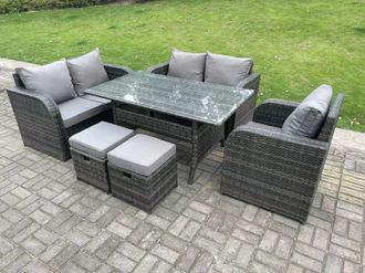 Fimous Rattan Garden Furniture Set Reclining Chair Love Sofa 2 Seater Sofa Set Outdoor Rectangular Dining Table 2 Stools in Dark Grey
