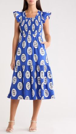 Sugarlips Sardine Sea Glare Smocked Midi Dress in Navy-Crm-Blk at Nordstrom, Size X-Small