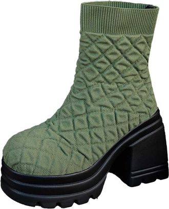 Generic Ladies Mid Calf Sock Boots with Platform Sole for Autumn and Winter Casual Fashion Comfortable Slip On Booties(Green, 4.5)