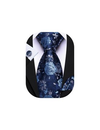 Barry.Wang Mens Blue Tie Floral Silk Wedding Necktie Pocket Square Cufflinks Set Formal Wedding