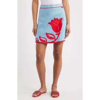 Farm Rio Blue Sky Stripes Floral Appliqu&eacute; Linen Wrap Miniskirt at Nordstrom, Size Xx-Small