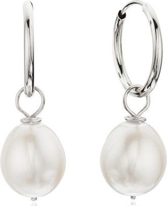 Lily & Roo Solid White Gold Large Pearl Drop Hoop Earrings