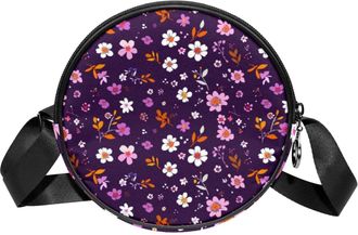 Generic Circle Crossbody Bag for Women, Floral Purple Print Small Sling Bag Daypack with Zipper Adjustable Shoulder Straps Casual Ladies Girls Round Purse