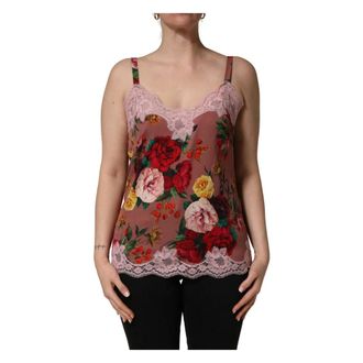 Dolce & Gabbana Sleeveless Tops, female, Multicolor, Size: XL Rose Print Silk Camisole with Lace Trim