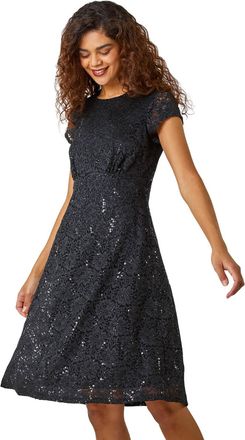 Roman Womens Sequin Fluted Hem Lace Stretch Dress - Black - Size 20 UK