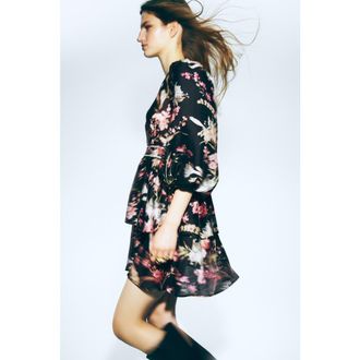 H&M Linen-blend dress in Black/floral at Nordstrom, Size X-Small