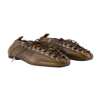 Ganni Womens Lace-Up Crinkle Synthetic Ballet Flat Brown