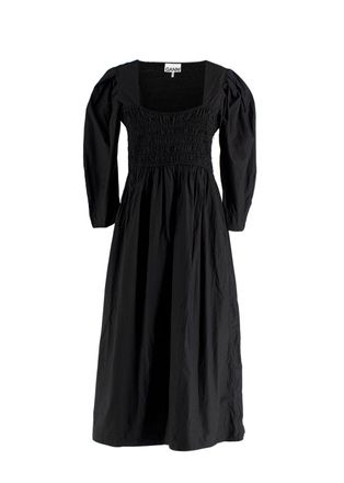 Ganni Black Cotton Poplin Open Neck Smock Midi Dress Size S