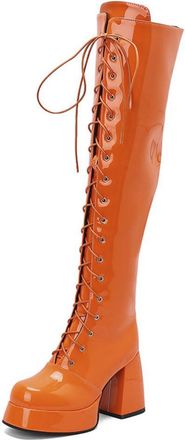 Generic Womens Lace Up Over The Knee Boots with Side Zipper Patent Leather Thigh High Boots Block High Heel Platform Shoes for Party Prom,Orange,3.5 UK