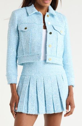 Alice & Olivia Chloe Sequin Embellished Tweed Crop Jacket in Carolina Blue at Nordstrom Rack, Size Medium