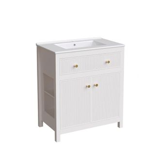 Urban Meuble Mueble de lavabo blanco 81 cm - Dise&ntilde;o acanalado con detalles dorados