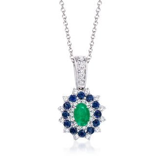 Ross-Simons Emerald and. Sapphire Pendant Necklace With. Diamonds in 14kt White Gold