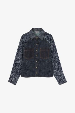 Ganni Navy Shirt in Patchwork Denim - Size 10/12 Organic Cotton