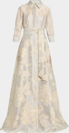 Teri Jon Metallic Floral Jacquard Shirt Gown