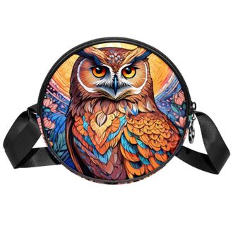 Generic Circle Crossbody Bag for Women, Color Drawing Owl Small Sling Bag Daypack with Zipper Adjustable Shoulder Straps Casual Ladies Girls Round Purse