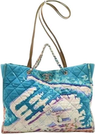 Chanel Pre-owned Tote Bags, female, Blue, Size: ONE SIZE Pre-owned Matelasse Graffiti Watercolor Nylon Tote Bag