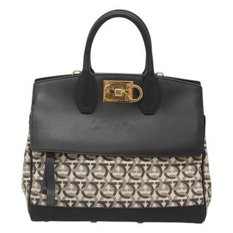 Ferragamo Studio Satchel Gancini Jacquard And Leather Black Canvas Bag (Pre-Owned)