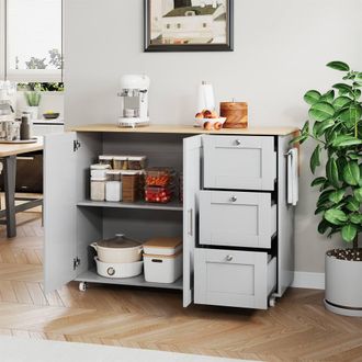 Merax 135cm Rolling Kitchen Island Trolley with Foldable Worktop & 3 Drawers in Grey