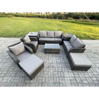Fimous Patio Garden Furniture Sets Wicker 9 Seater Outdoor Rattan Furniture Sofa Sets with Rectangular Coffee Table Reclining Chair Loveseat Sofa 2 Side